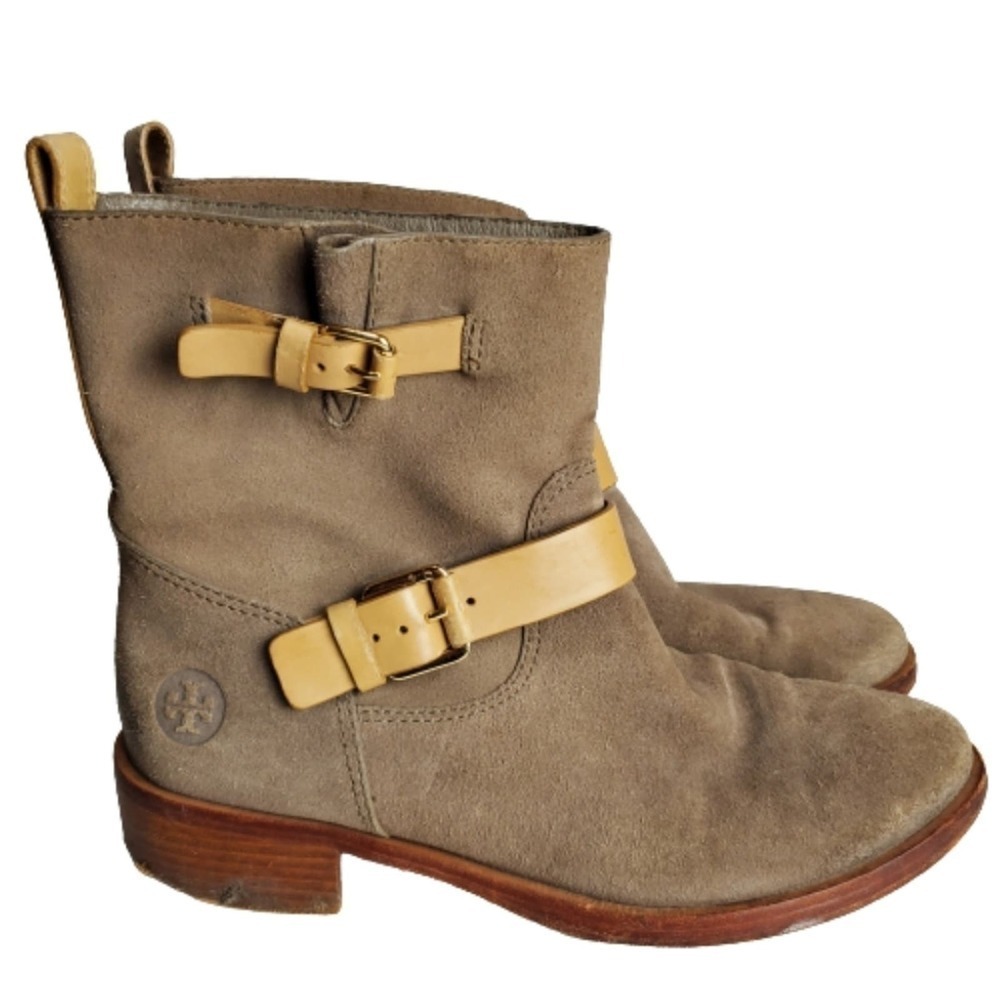 Tory Burch Boots Womens Size 9 Bennie Taupe Suede Leather Short Buckle Pull-On